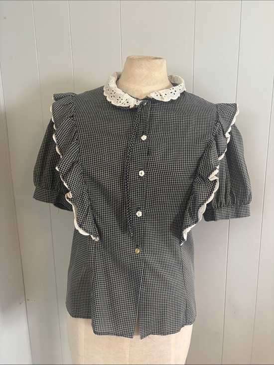 Tops - Vintage Soho MFG Medium Black White Check Prairie Ruffle Eyelet Blouse